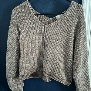 Pink Rose V-Neck Chunky Knit Sweater - Taupe Heather